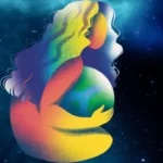 Mother earth with her arms around the world set in a starry background