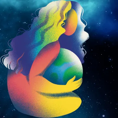Mother earth with her arms around the world set in a starry background