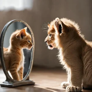 A baby cub looking into an oval silver mirror and seeing a kitten reflected back