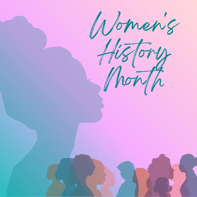 Women's History Month - a blue and pink background with silhouettes of women of different backgrounds